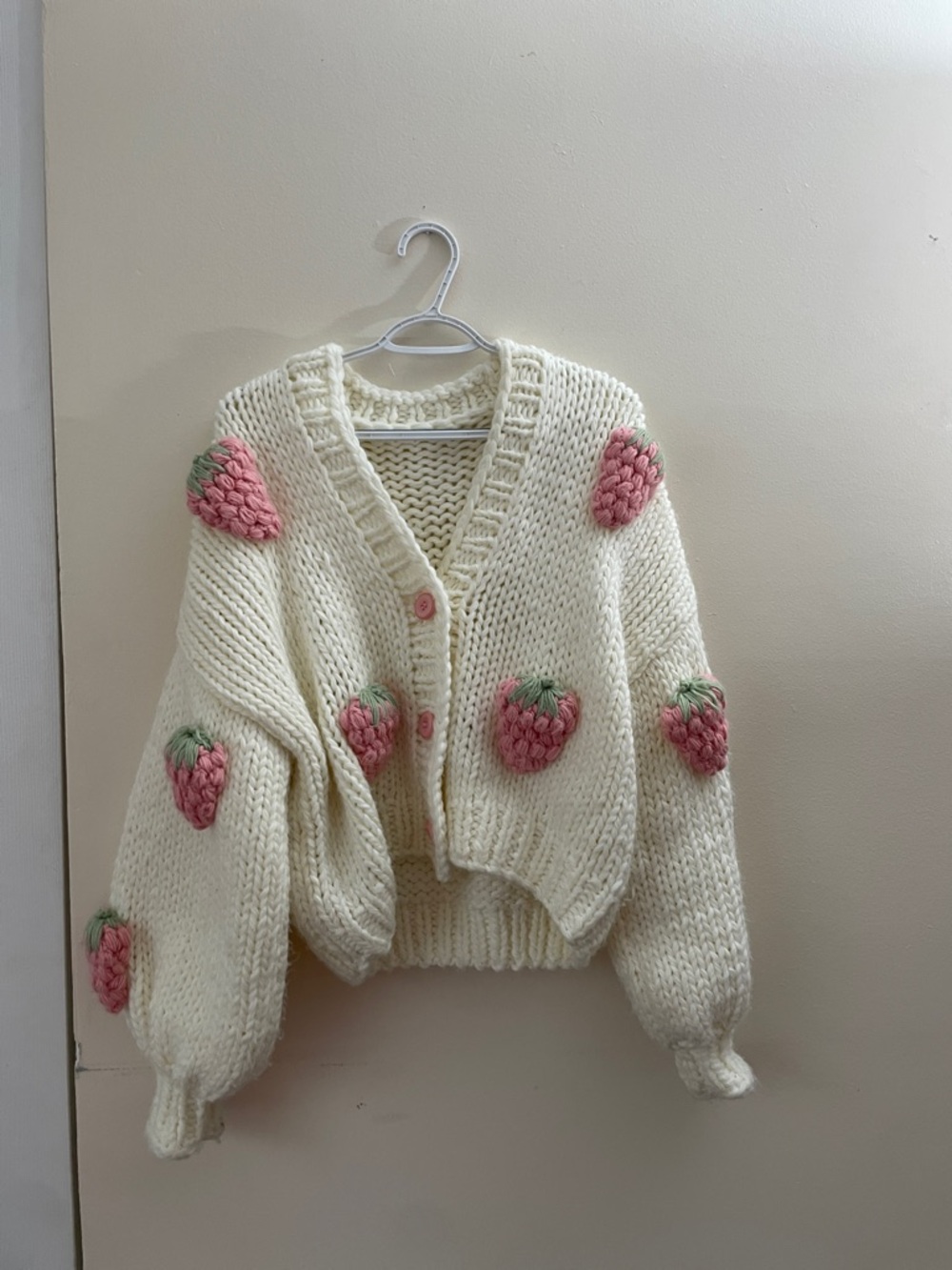 Cream Knit Cardigan with Pink Strawberry Appliqués